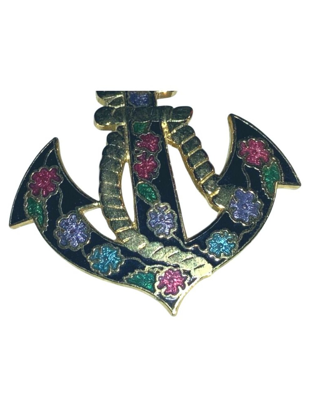 Anchor Enamel Cloisonné Pin Brooch Floral Design Gold Tone Nautical Accessory - Picture 8 of 12